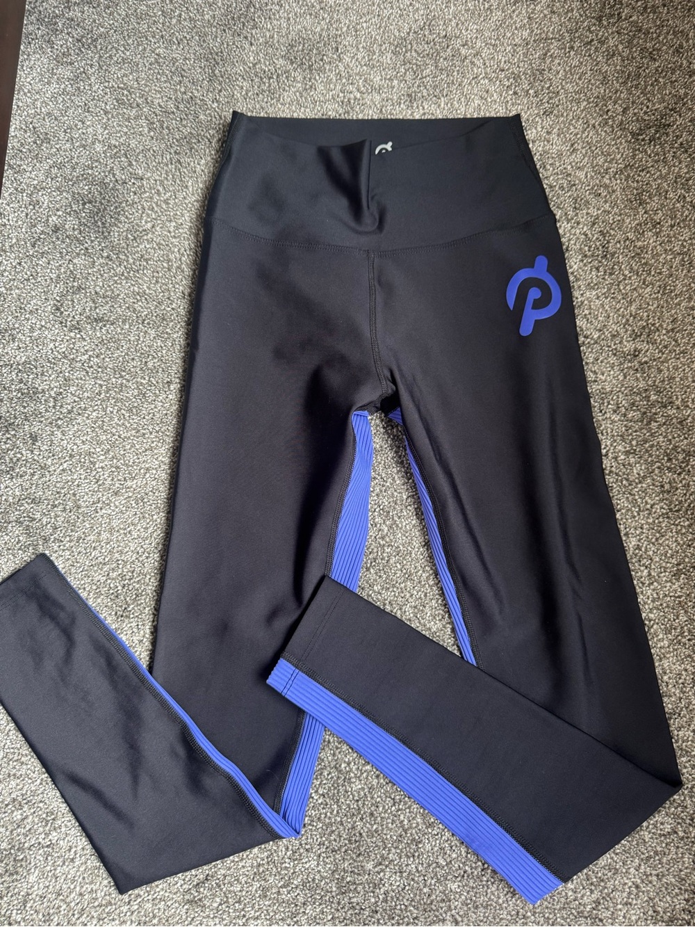 Peloton Black Leggings with Purple Logo and Trim